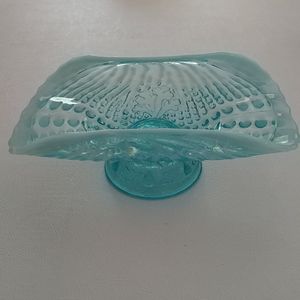 Blue-green depression glass dish w ocean designs